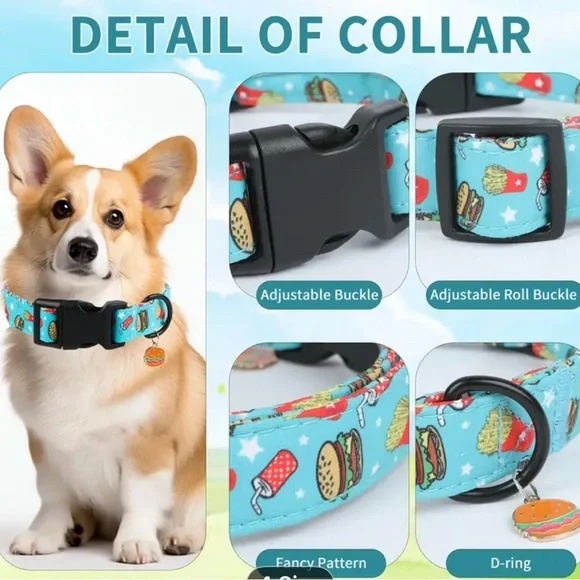 🆕 Colorful burger & fries Dog Collar with Burger Charm. One Xtra small/One Small - Picture 3 of 5